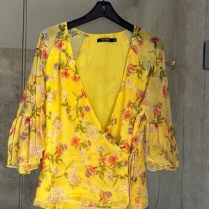 Ralph Lauren Yellow Floral Bell Sleeve Wrap Blouse